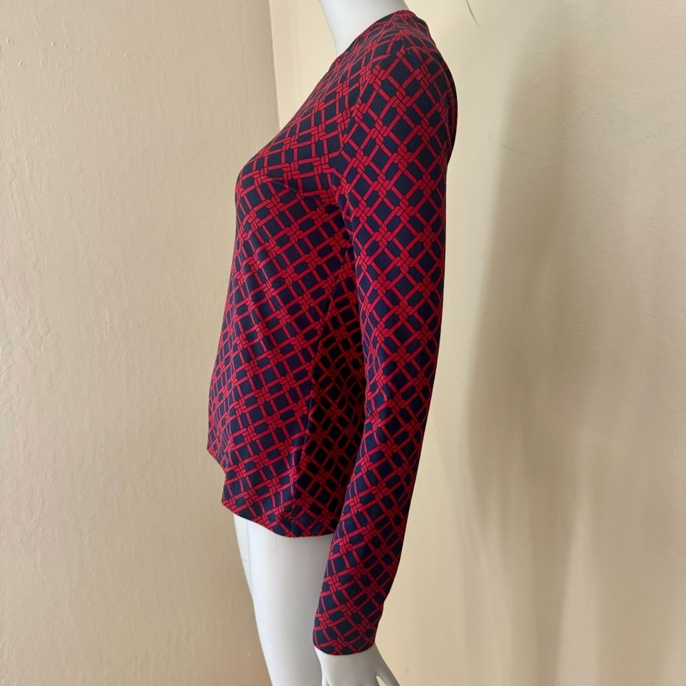 BROOKS BROTHERS Knit Top Long Sleeve Trellis Print Round Neck Red Navy Blue - Picture 10 of 12